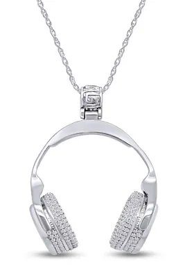 Music Lover Headphone Pendant Necklace Sterling Silver Round Cut Cubic Zirconia • $143.10