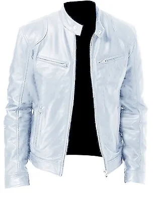 Men's Biker Jacket Motorcycle Zip Up Tops Coats Collar Outwear Leather Plus Size • $38.21