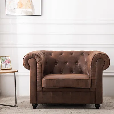 Chesterfield Queen Anne Scroll Arm Chair Tan Leather Club Sofa In Antique Brown  • £369.95