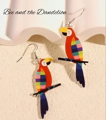 Acrylic Multi Coloured Winged Macaw Parrot  Novelty Earrings • £4.29