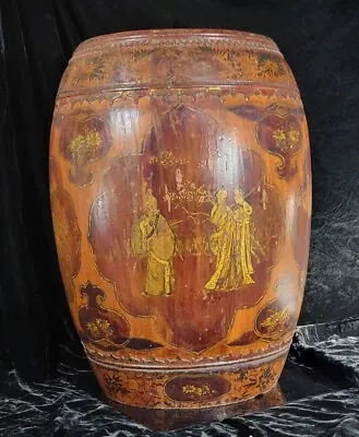 $289.95 • Buy Antique Chinese Grain / Rice Wood Barrel Painted With High Court & Birds