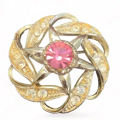 Vintage Estate Brooch Pin Gold  Tone Pink Clear  Rhinestones 1” • $11.11