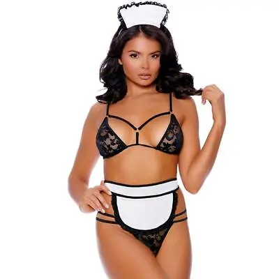 Maid Lingerie Costume Set Bra G-String Apron Head Piece Lace Sexy French 82417 • $25.49