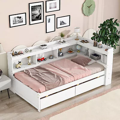 Twin Size Bed Frame With L-shaped Bookcases Storage Shelves Drawers Wooden White • $549.99