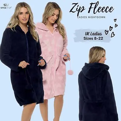 £28.99 • Buy Ladies Womens Heart Embossed Hooded Robe Zip Through Warm Winter Dressing Gown