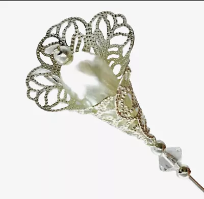 £6.99 • Buy Hat Pin Ivory Pearl Antique Silver 5” Long & End Protector Ladies Hats Wedding 