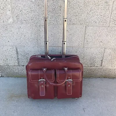 FRANKLIN COVEY Leather Wheels Rolling Red Business Bag Extended Handle Laptop • $55