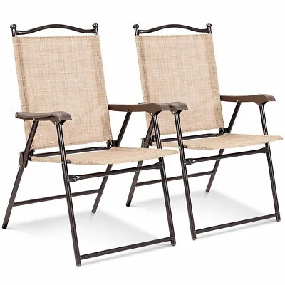 Set Of 2 Patio Folding Sling Back Chairs Camping Deck Garden  Beach Yellow • $79.99
