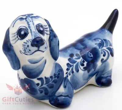 Gzhel Porcelain Dachshund Dog Figurine Handmade • $25