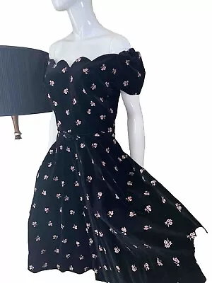 Wow -Vintage 40s Black Velvet Off Shoulders Swing Dress Rockabilly Dance • $89.99