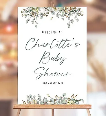 Personalised BABY SHOWER Welcome Party Sign - Rustic Blue Floral Foliage • £36.99