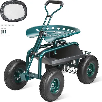 VEVOR Rolling Garden Cart With Seat And Wheels Extendable Steer Handle Green • $87.99