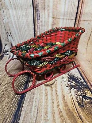 Vtg Wicker Basket Sleigh 10.5 -Red/Green/Gold-Christmas Table Centerpiece • $20