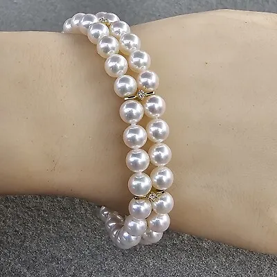 Mikimoto Bracelet Double Row 6.5-7mm Akoya Diamond Stations 18k Yellow Gold Box • $4645.35