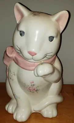 Rare Pfaltzgraff Tea Rose White Cat Cookie Jar Pink Flowers Missing Ribbon 11.5  • $64