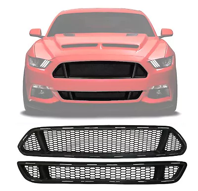 (Black ABS) For 15-17 Ford Mustang Front Upper & Lower Mesh Grille Grill Set • $219.44