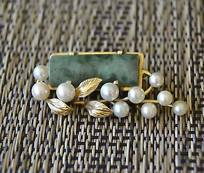 MING'S Honolulu Vintage Moss On Snow JADEITE & 10 Akoya PEARLS 14k Gold Brooch P • $1789