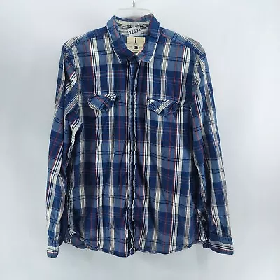 Buffalo Button Up Shirt Mens Size Medium Blue Plaid Roll Up Sleeve Cotton Pocket • $14