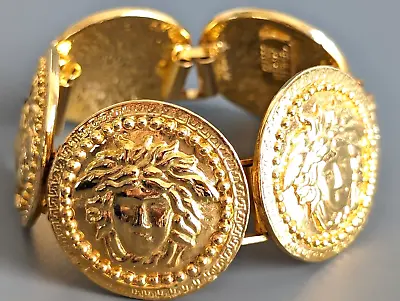 GIANNI VERSACE Gold Plated Big Round Medusa Bracelet Chain Bangle 90's Vintage • $298