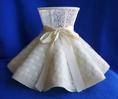 VTG White Plastic Scalloped Lamp Shade W/Lace Cover & Bow Clip On 12  X 8  • $20.99