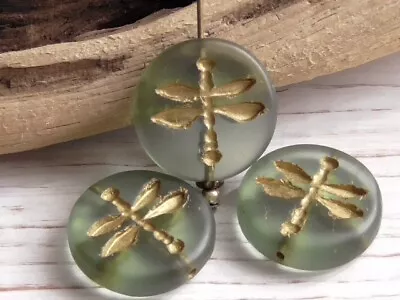 3 - 18mm CZECH MATTE GREEN GOLD DRAGONFLY DAMSEL FLY ROUND TABLE CUT COIN BEADS • $3.25