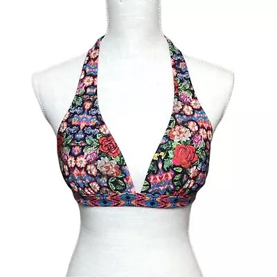 Jessica Simpson Black Floral Bikini Top Size L Halter Top Swimwear • $18.90