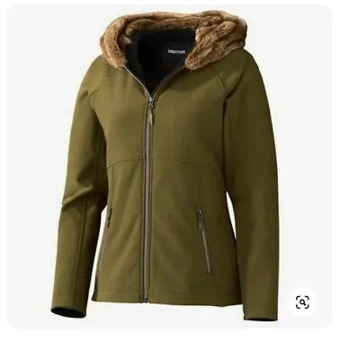 Marmot Furlong Green Olive Soft Shell Full Zip Faux Fur Hoodie Jacket Size M • $45