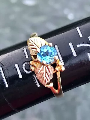 Vtg Black Hills Gold 10k Swiss Blue Topaz Leaf Solitaire Ring- Yellow & Rose • $245