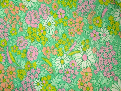 3 Yds Vtg 70's Mod Boho Lime Green W Pink Rose Daisy Light Poly Knit Fabric 43 W • $32.99