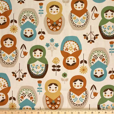 31  X 21  Nesting Doll Matryoshka Babushka Flower Fabric Cotton Blue Green Brown • $28.99