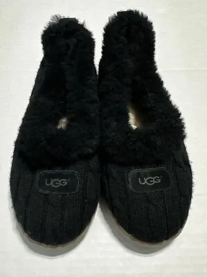UGG Womens Size 11 Rylan Slipper Shoes Black Fur Trim Cable Knit Slip On 3314 • $52