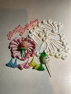 Lot Of Vintage Plastic Birthday Candle Holders Flowers Cake Decorations • $12