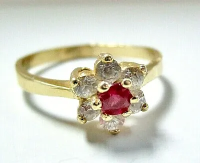 L@@K Gorgeous Solid 14K Yellow Gold Cluster RING Ruby & CZ Size 8.5 Flower • £173.55