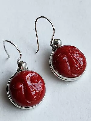 Red Coral Carved Face Sterling Silver Earrings 1 1/2   Long • $25