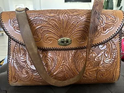 Vintage Hand Tooled Brown Leather Single Strap Top Handle Western Handbag • $55