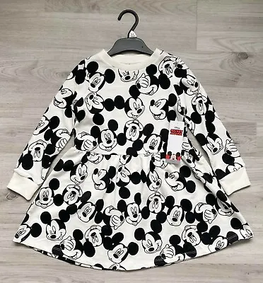 Mickey Mouse F&F Sweater Jumper Dress Cotton Girls Black White Disney Skater NEW • £4.95