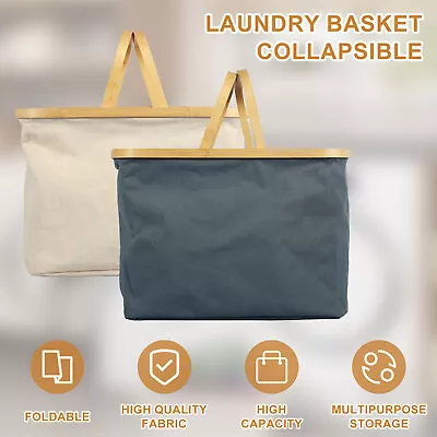 Laundry Basket Collapsible Dirty Cloth Bag With Wooden Handle Breathable Cajg • $34.89