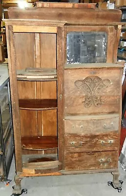 Victorian Antique Carved Oak Curved Glass Secretary Desk & Bookcase As Is • $85