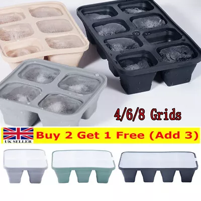 UK Silicone Ice Cube Tray Large Mold DIY Ball Maker Square Tray Mould With Lid^ • £3.79