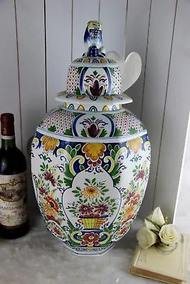 Huge BOCH Delft Decor Polychrome Ceramic Floral Paint VASE Foo Dog Lidded Mark • $286