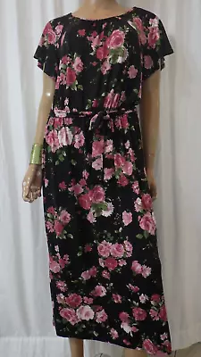 Nwt Joie De Vivre Sz Xl Black Pink Floral Belted Stretch Knit Midi Dress • $21.88