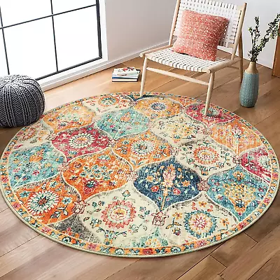 Moroccan Trellis Round Area Rugs - Washable Small Round Rug 3Ft Non-Slip Soft Ci • $44.88