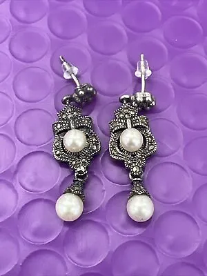 ❤️Vintage Art Deco Sterling Silver Marcasite And Pearl Dangle Post Earrings • $25.49