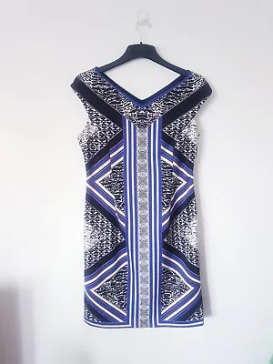 Maggy London V Neck Scuba Sheath Geometric Graphic Print Dress  Size 12 • £25