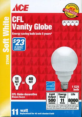 CFL Vanity Globes 40W Eq 11W Actual Soft White 2700K Bundle Of 4 $ALE • $2