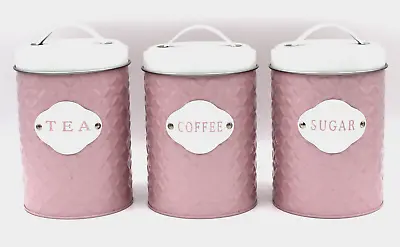 Tea Coffee Sugar Canisters Set Of 3 Metal Pink Retro Kitchen Storage Jars • £16.99