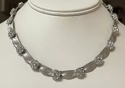 Vtg Crown Trifari Silver Tone Rhinestone April Birthday Ribbon Flower Necklace • $130