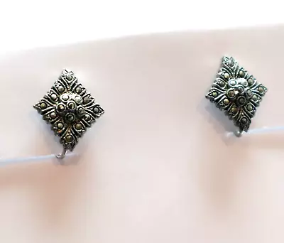 Vintage Art Deco Screw Clip On Earrings Silver Tone Marcasite Diamond Shaped • $19.99