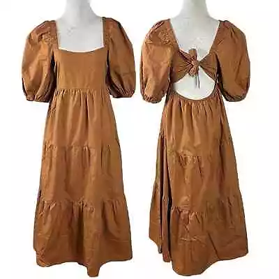 Minkpink Western Prairie Tiered Midi Dress Caramel Brown Puff Sleeve Small NWT • $49