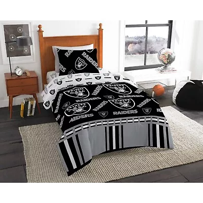 Raiders NFL Twin 4 Piece Comforter Set Fitted Flat And Pillowcase Black White • $79.56